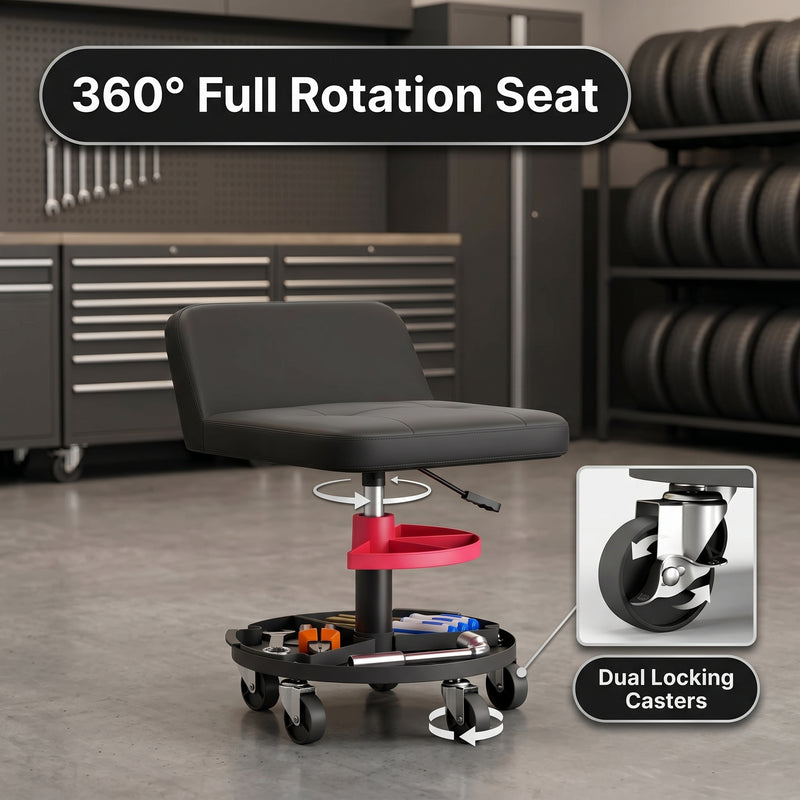 Two-tier tool tray on the yellow mechanic stool holding large tools on top and small parts below