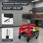 Two-tier tool tray on the yellow mechanic stool holding large tools on top and small parts below