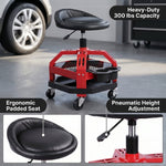 Two-tier tool tray on the yellow mechanic stool holding large tools on top and small parts below