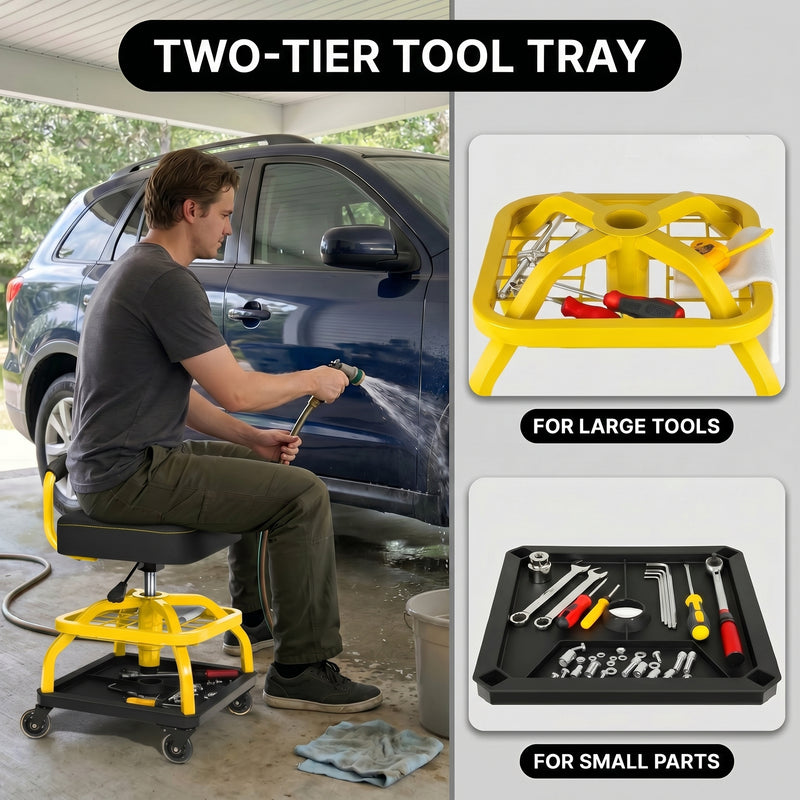 Two-tier tool tray on the yellow mechanic stool holding large tools on top and small parts below