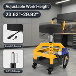 Two-tier tool tray on the yellow mechanic stool holding large tools on top and small parts below