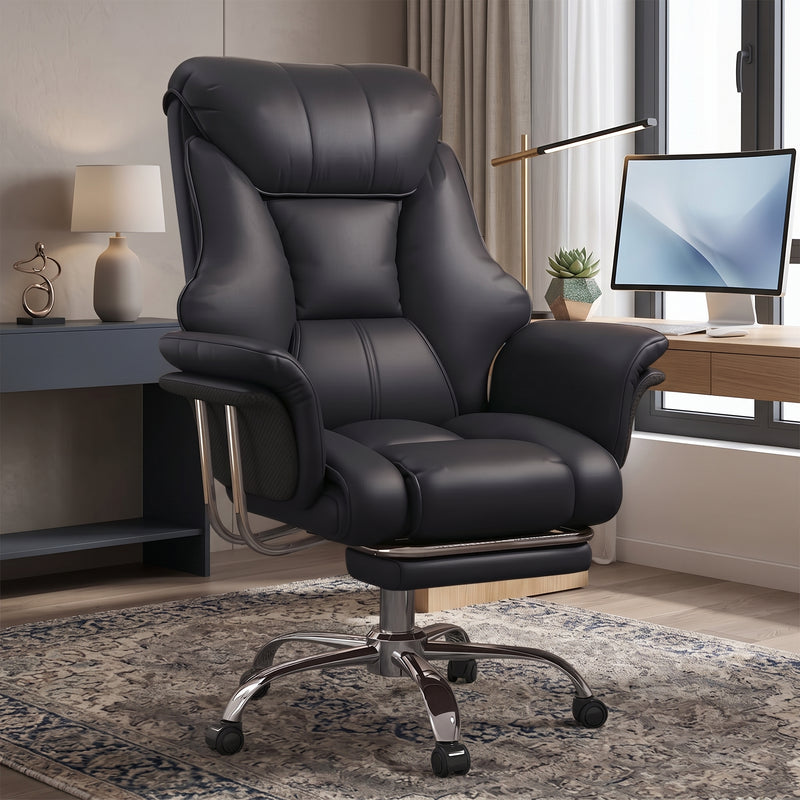 Cream-white big and tall PU leather office chair with footrest in a home office