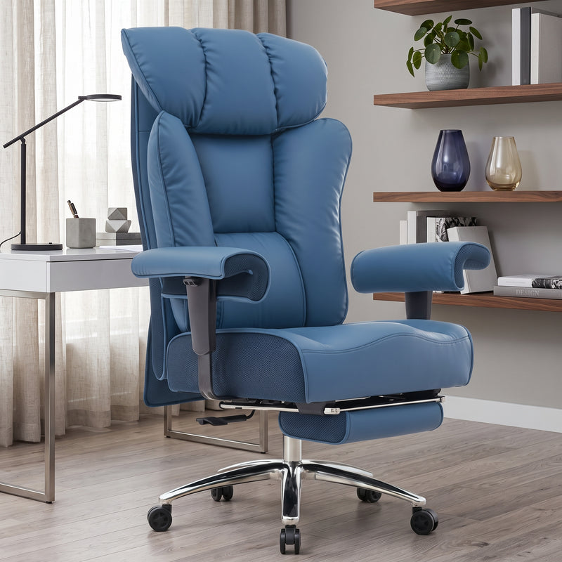 Cream-white big and tall PU leather office chair with footrest in a home office