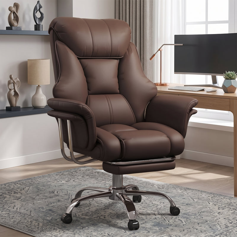 Cream-white big and tall PU leather office chair with footrest in a home office