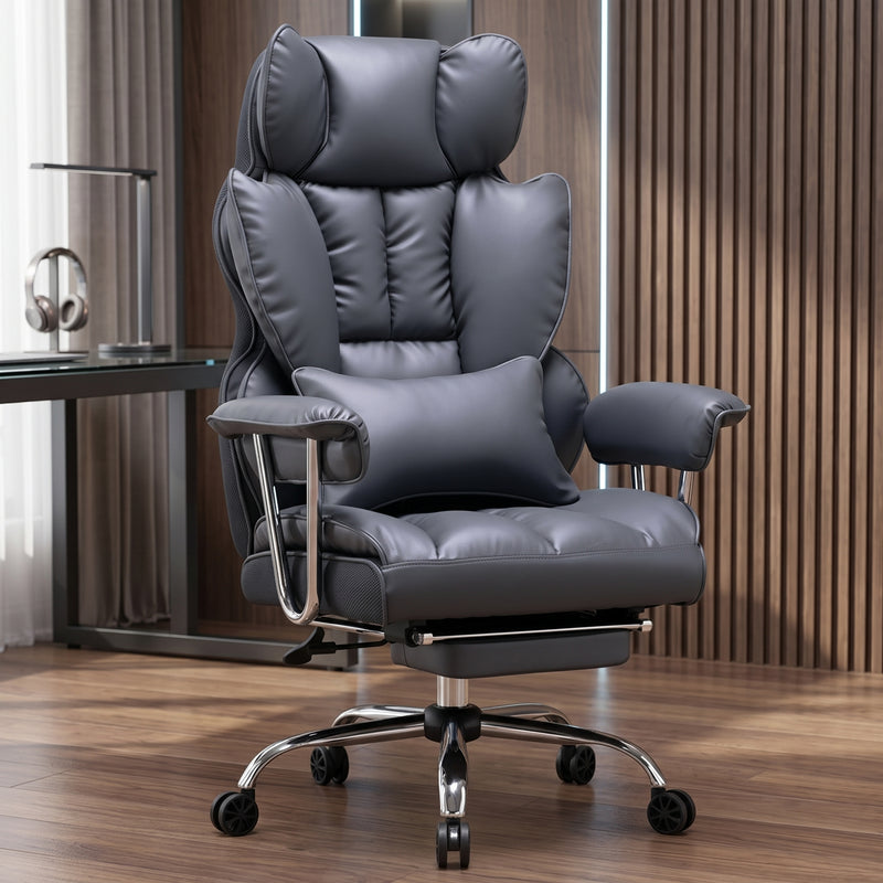 Cream-white big and tall PU leather office chair with footrest in a home office