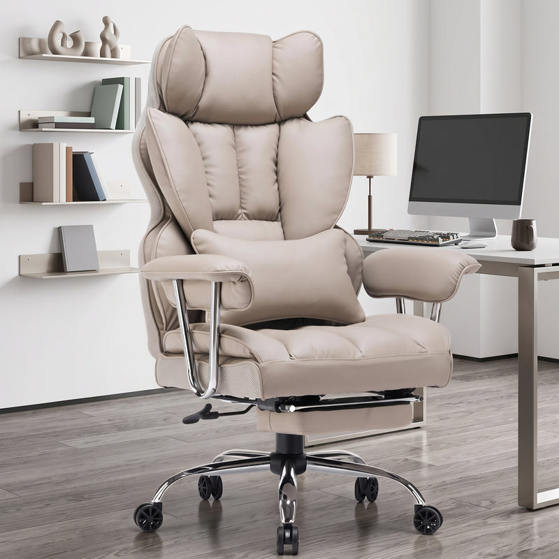 Cream-white big and tall PU leather office chair with footrest in a home office