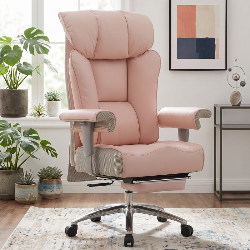Cream-white big and tall PU leather office chair with footrest in a home office