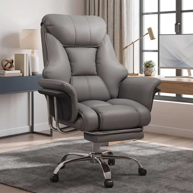 Cream-white big and tall PU leather office chair with footrest in a home office