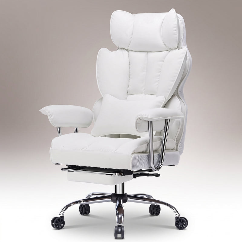 Cream-white big and tall PU leather office chair with footrest in a home office
