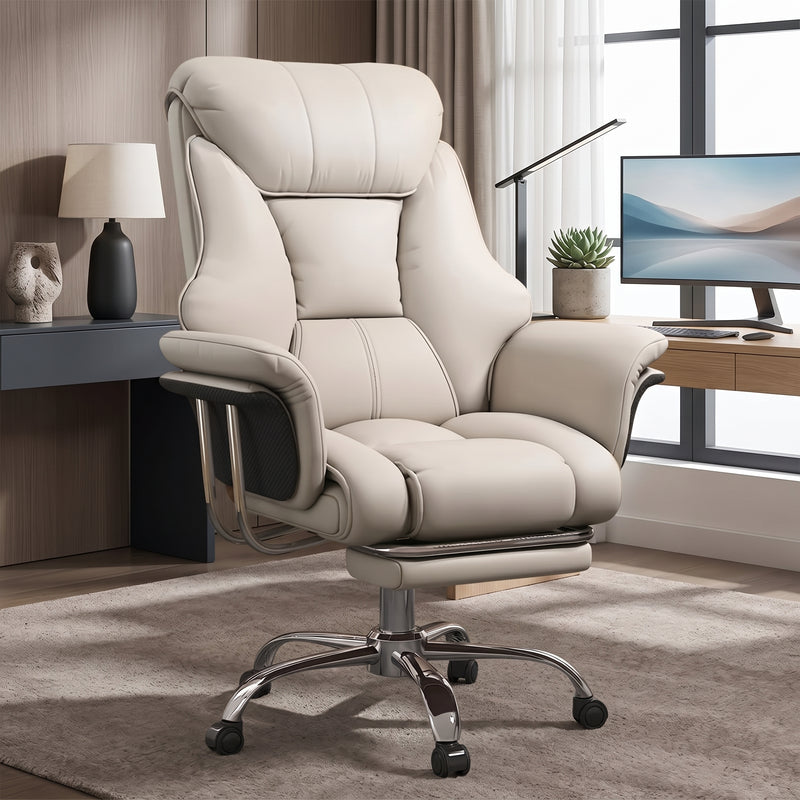 Cream-white big and tall PU leather office chair with footrest in a home office