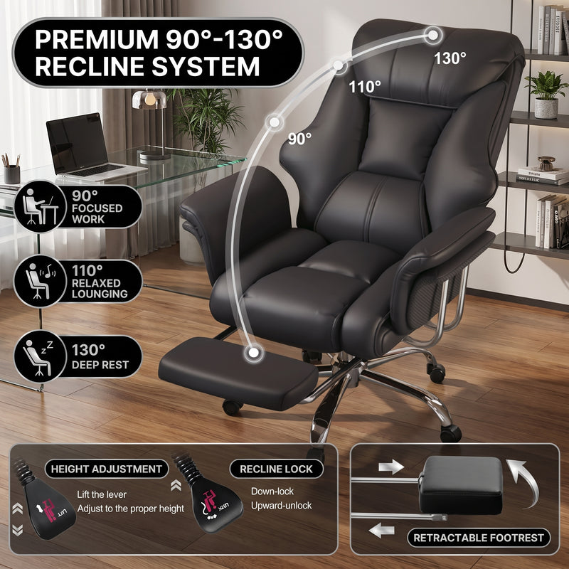 Big and tall office chair reclining from 90 to 130 degrees with footrest extended