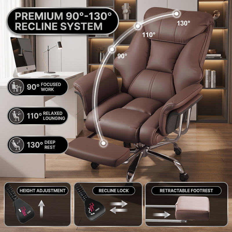 Big and tall office chair reclining from 90 to 130 degrees with footrest extended