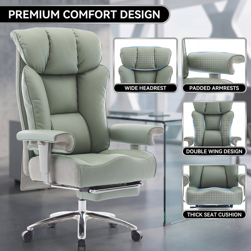 Big and tall office chair reclining from 90 to 130 degrees with footrest extended
