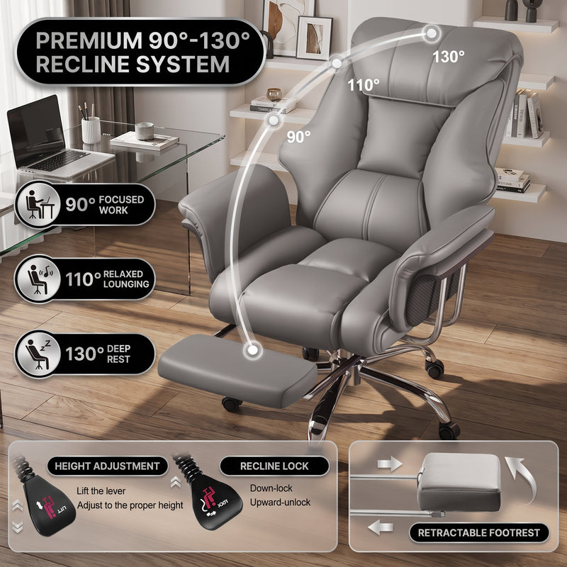 Big and tall office chair reclining from 90 to 130 degrees with footrest extended