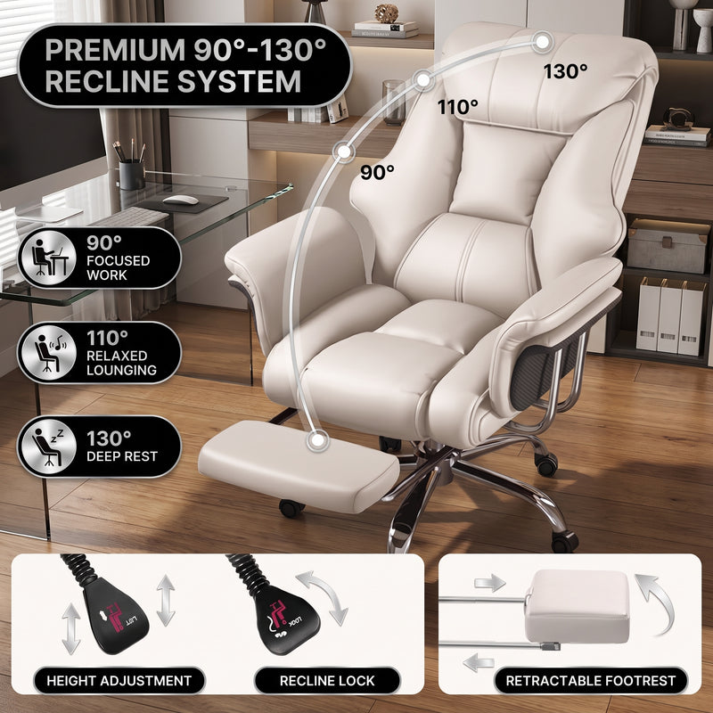 Big and tall office chair reclining from 90 to 130 degrees with footrest extended