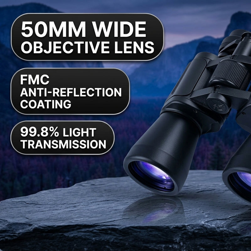 Close-up of 50mm FMC-coated objective lens on high-powered binoculars