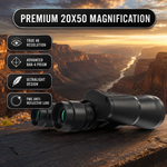 Close-up of 50mm FMC-coated objective lens on high-powered binoculars