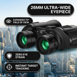 Close-up of 50mm FMC-coated objective lens on high-powered binoculars