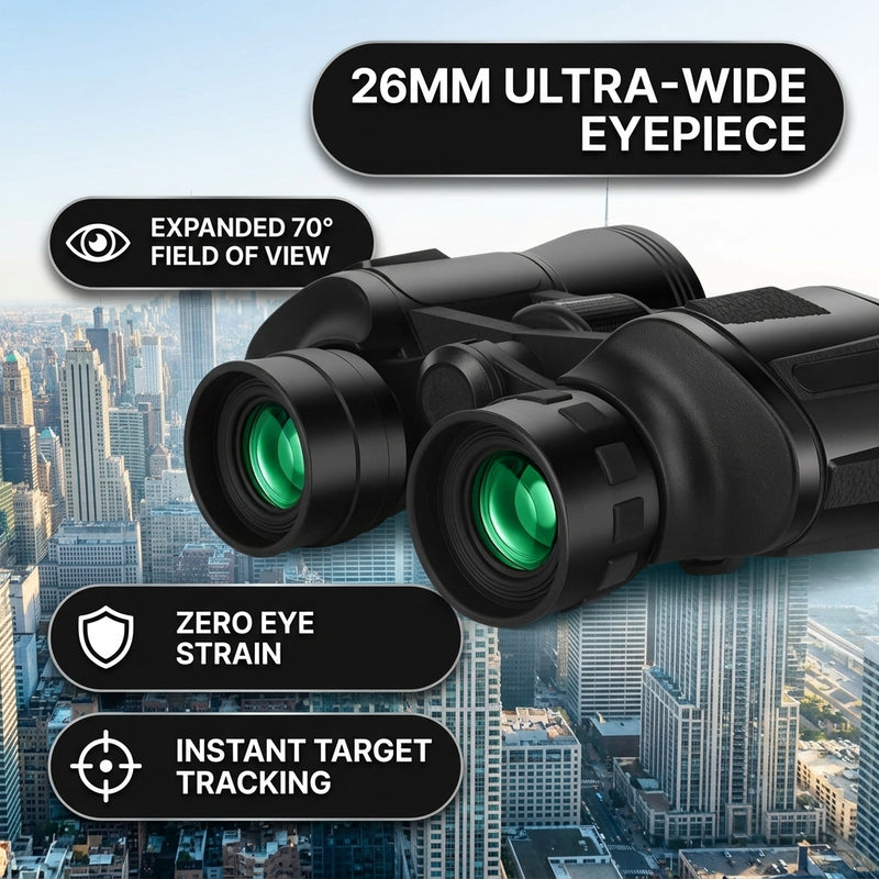 Close-up of 50mm FMC-coated objective lens on high-powered binoculars