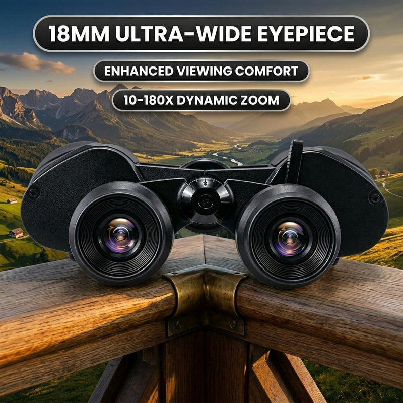 Close-up of 18mm wide eyepiece on high-powered binoculars with 10-180X zoom