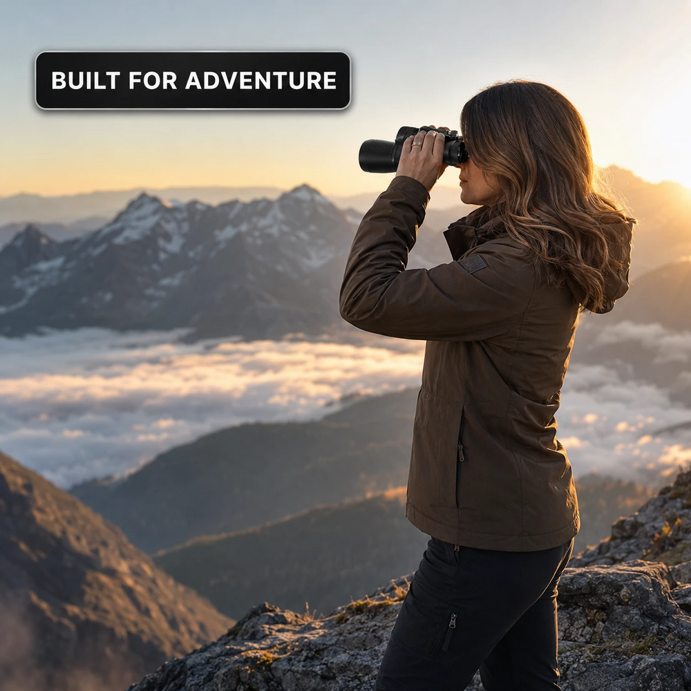 Woman using high-powered binoculars to view a mountain landscape at sunset