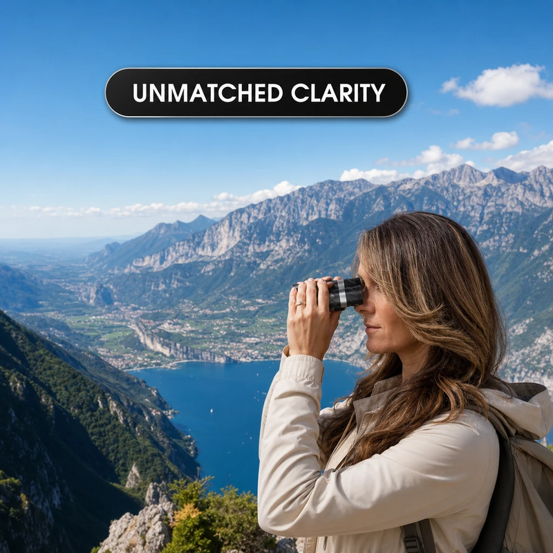Woman using high-powered binoculars to view a mountain landscape at sunset