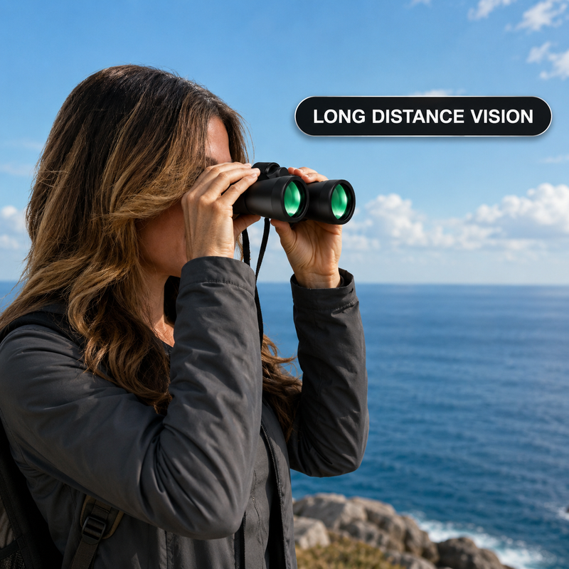Woman using high-powered binoculars to view a mountain landscape at sunset