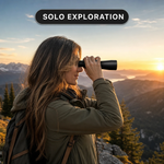 Woman using high-powered binoculars to view a mountain landscape at sunset