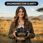 Woman using high-powered binoculars to view a mountain landscape at sunset