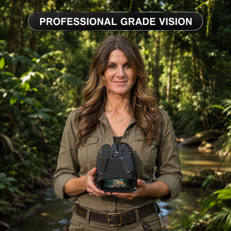 Woman using high-powered binoculars to view a mountain landscape at sunset
