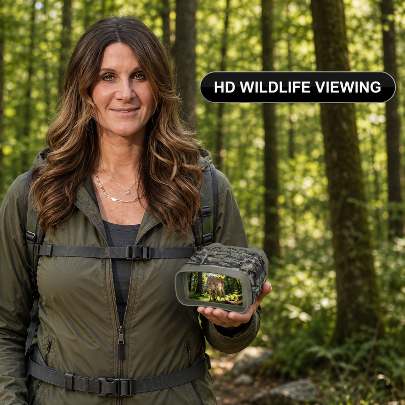 Woman using high-powered binoculars to view a mountain landscape at sunset