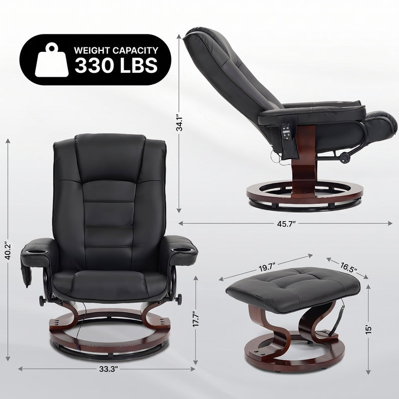 Black swivel recliner and ottoman styled in a living room beside a lamp and plant