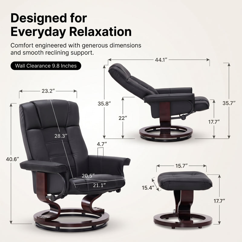 Black swivel recliner and ottoman styled in a living room beside a lamp and plant
