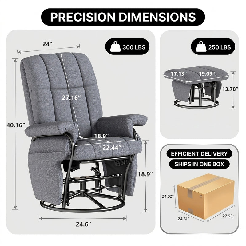 Black swivel recliner and ottoman styled in a living room beside a lamp and plant