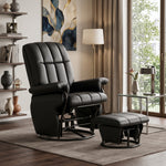 Black faux leather swivel recliner with matching ottoman on a wood swivel base