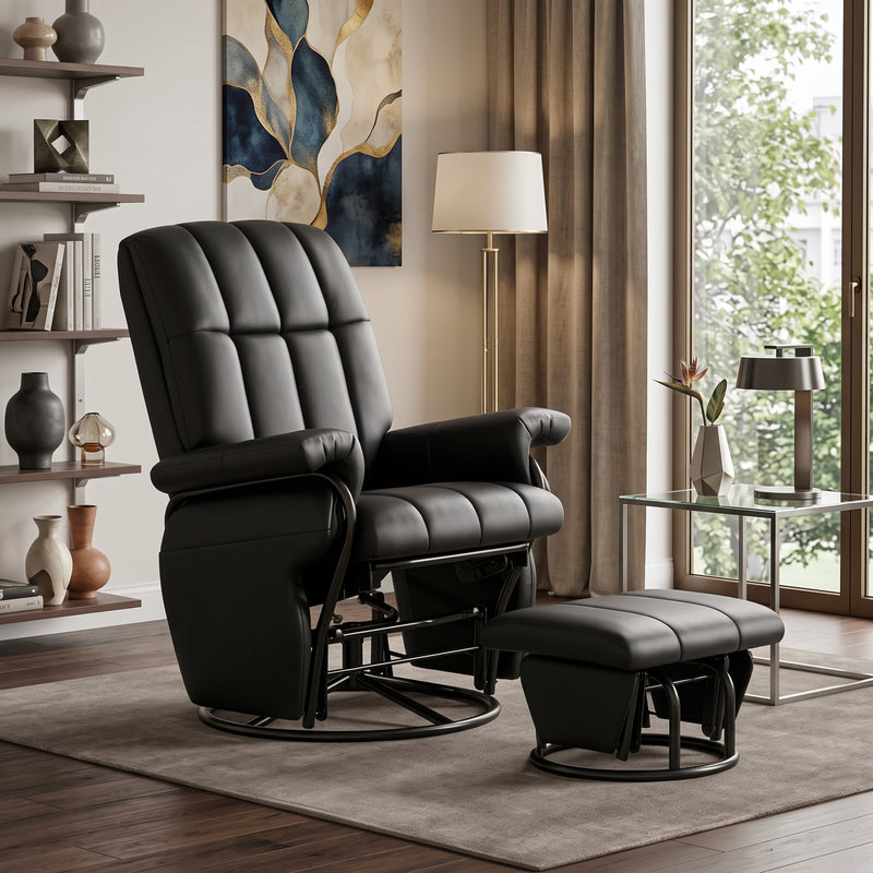 Black faux leather swivel recliner with matching ottoman on a wood swivel base