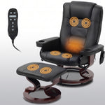 Black faux leather swivel recliner with matching ottoman on a wood swivel base