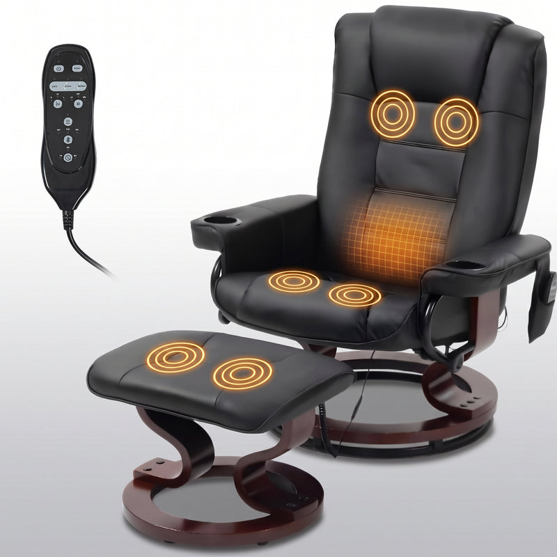 Black faux leather swivel recliner with matching ottoman on a wood swivel base