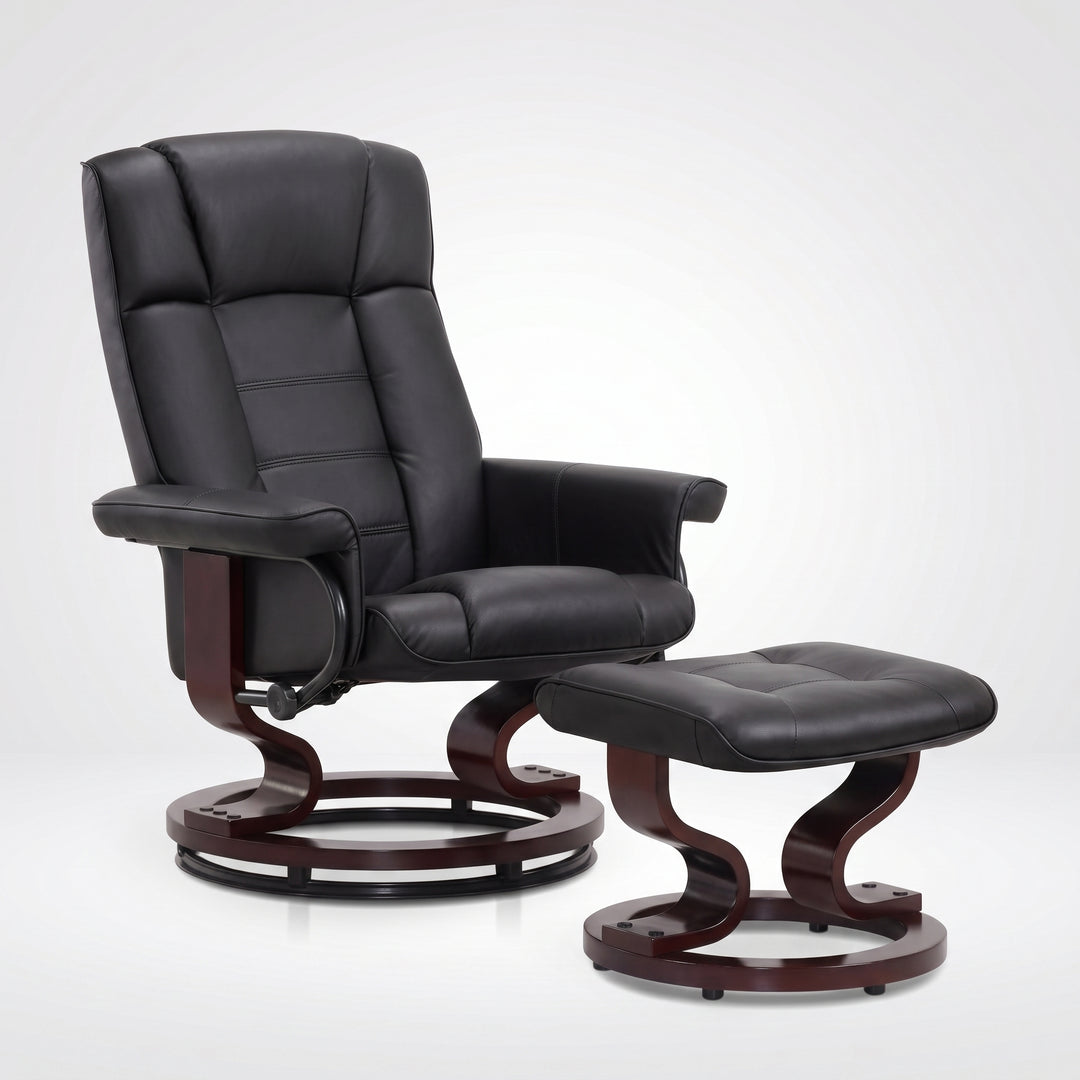 Black faux leather swivel recliner with matching ottoman on a wood swivel base