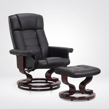 Black faux leather swivel recliner with matching ottoman on a wood swivel base