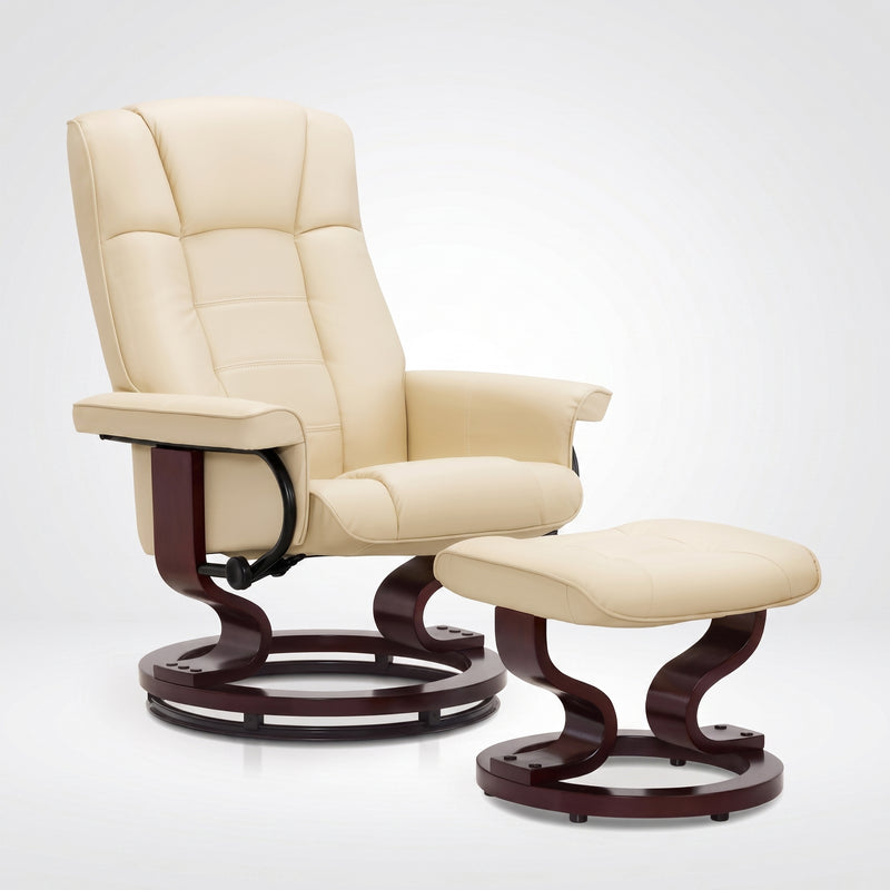 Black faux leather swivel recliner with matching ottoman on a wood swivel base