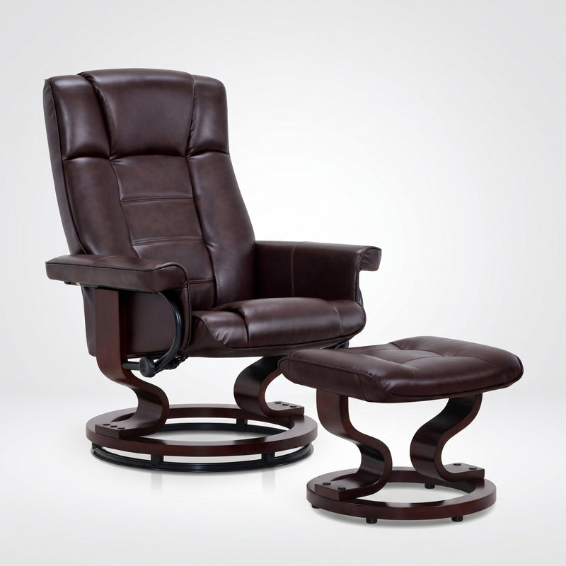 Black faux leather swivel recliner with matching ottoman on a wood swivel base