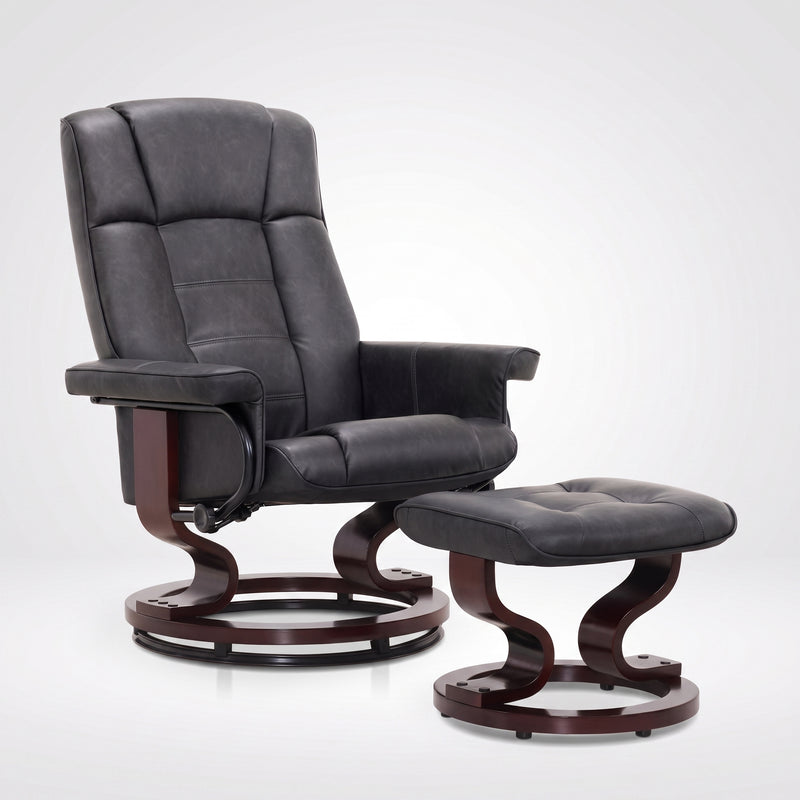 Black faux leather swivel recliner with matching ottoman on a wood swivel base