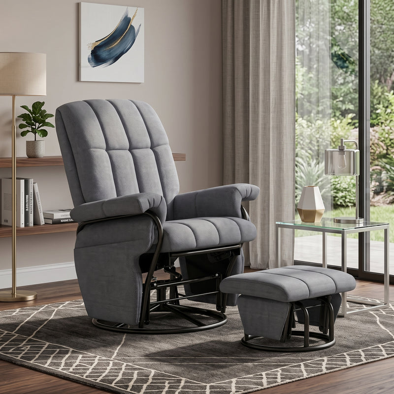 Black faux leather swivel recliner with matching ottoman on a wood swivel base