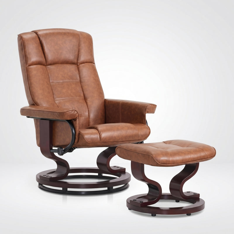 Black faux leather swivel recliner with matching ottoman on a wood swivel base