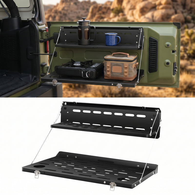 Two-tier tailgate table mounted on a vehicle rear door holding fuel cans and camp gear
