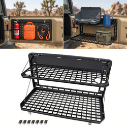 Two-tier tailgate table mounted on a vehicle rear door holding fuel cans and camp gear