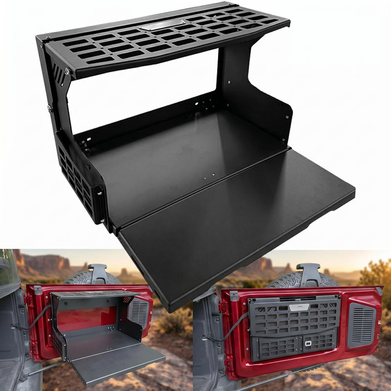 Two-tier tailgate table mounted on a vehicle rear door holding fuel cans and camp gear