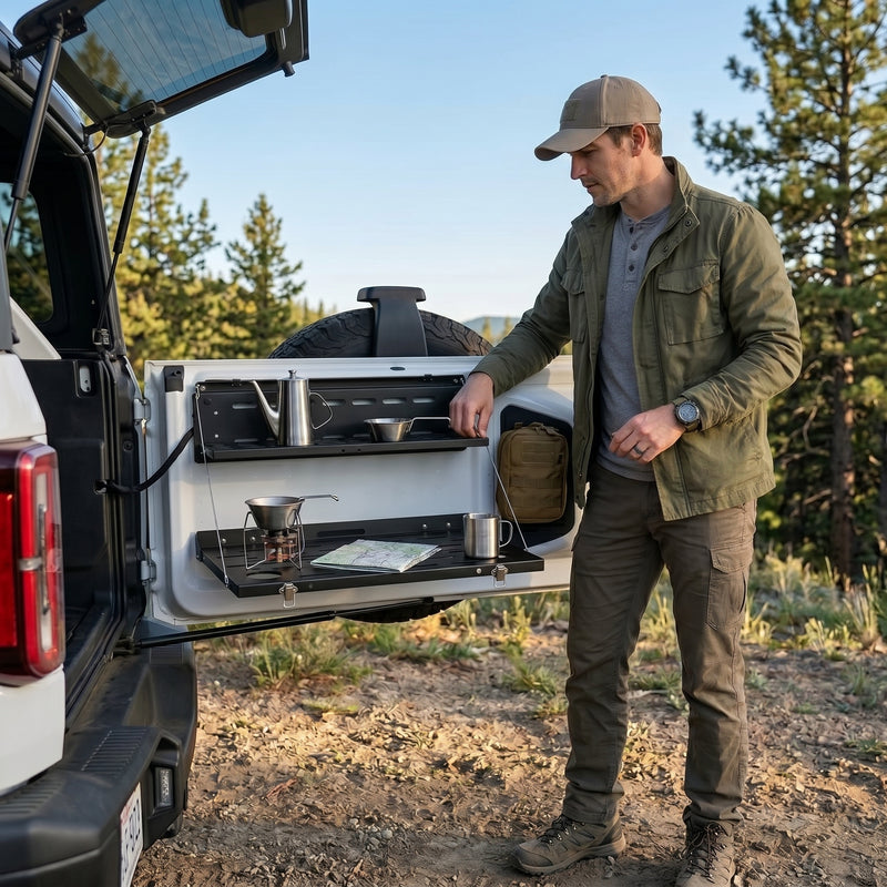 Person using the fold-down tailgate table at an open vehicle rear door outdoors