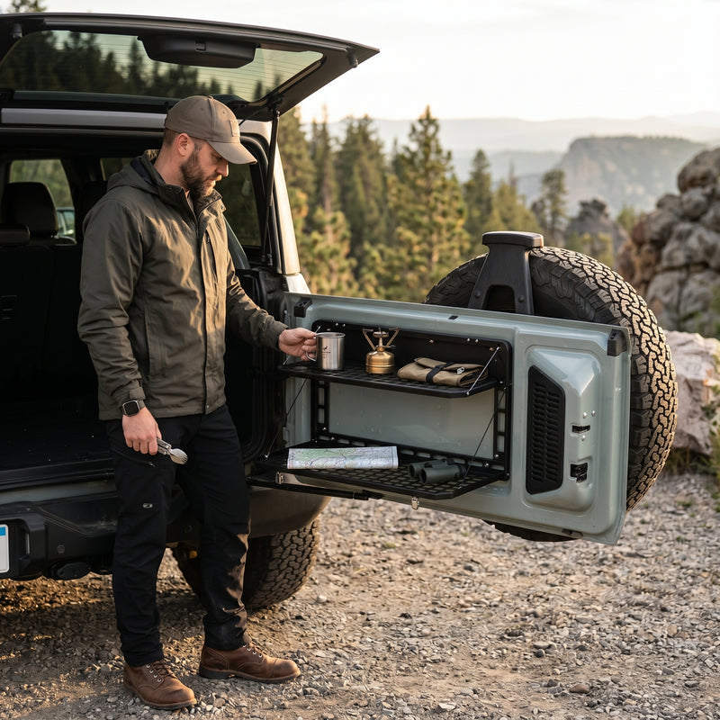 Person using the fold-down tailgate table at an open vehicle rear door outdoors